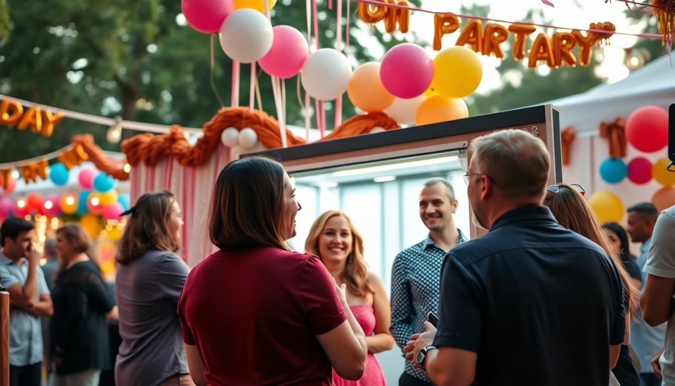 Experience joy with this vibrant photo booth rental at a lively outdoor event.