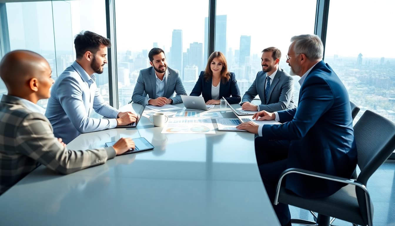Quickplus Business Consultants collaborating in a modern office setting to strategize.