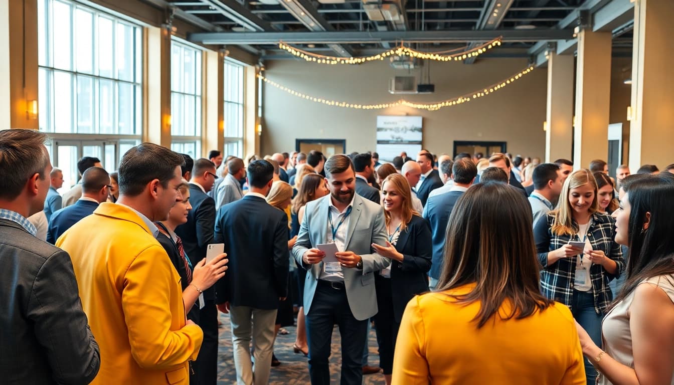 Engaged attendees at construction networking events exchanging ideas and connections in an inviting atmosphere.