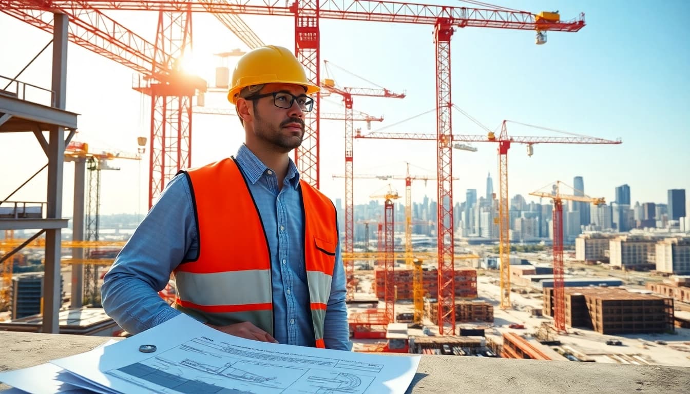 New Jersey Construction Manager supervising an active construction site with blueprints and cranes.