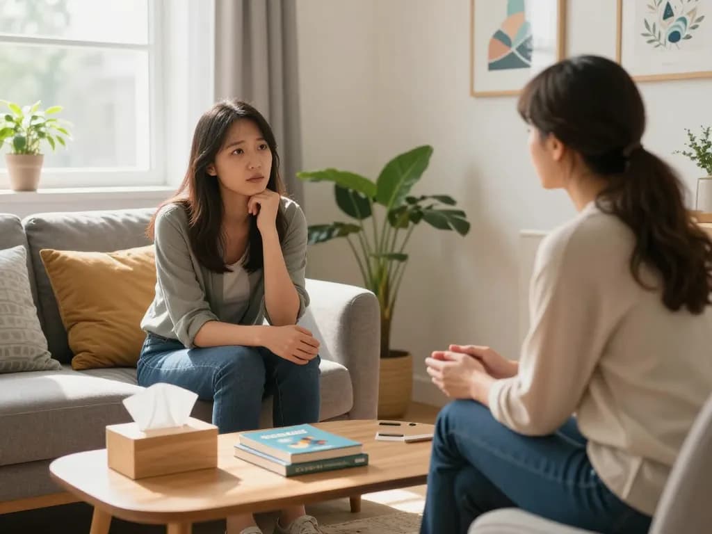Therapy session depicting a warm environment focused on mental health challenges like 抑鬱症, emphasizing comfort and support.