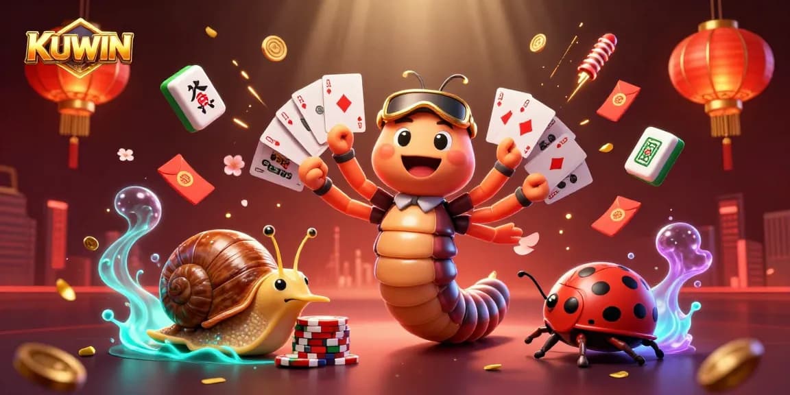 Experience exciting gaming at KUWIN with lively dealers, dynamic cards, and floating mahjong tiles.