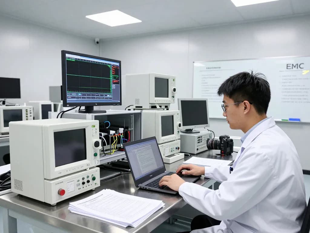 EMC testing in a modern laboratory featuring an engineer analyzing advanced electronic devices for compliance.