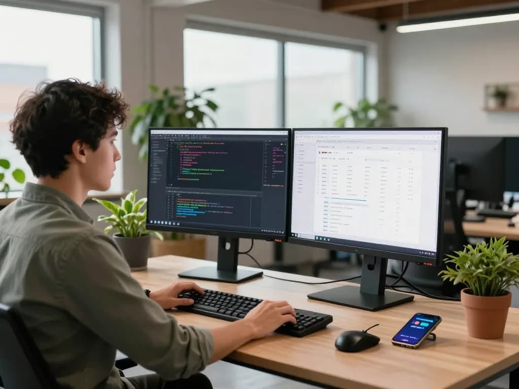 Professional coding workspace with developer coding software using WPS tools and dual monitors.