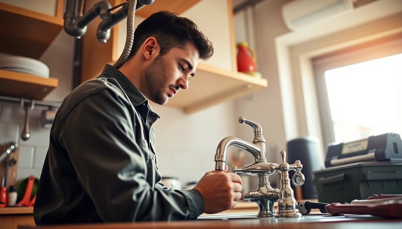 Plumber near me repairing a faucet in a sunny kitchen, showcasing expertise and professionalism.