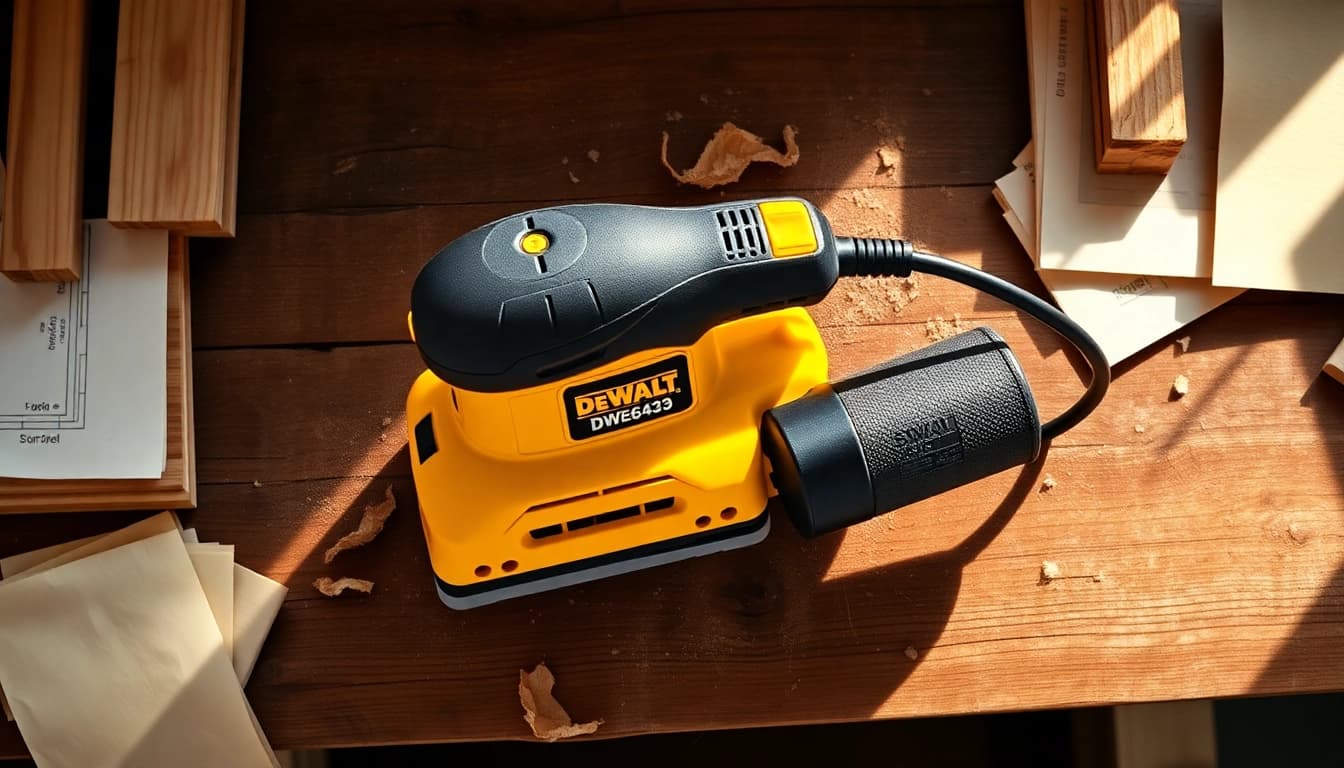 The DeWalt DWE6423 sander effortlessly smooths surfaces with its variable speed settings.