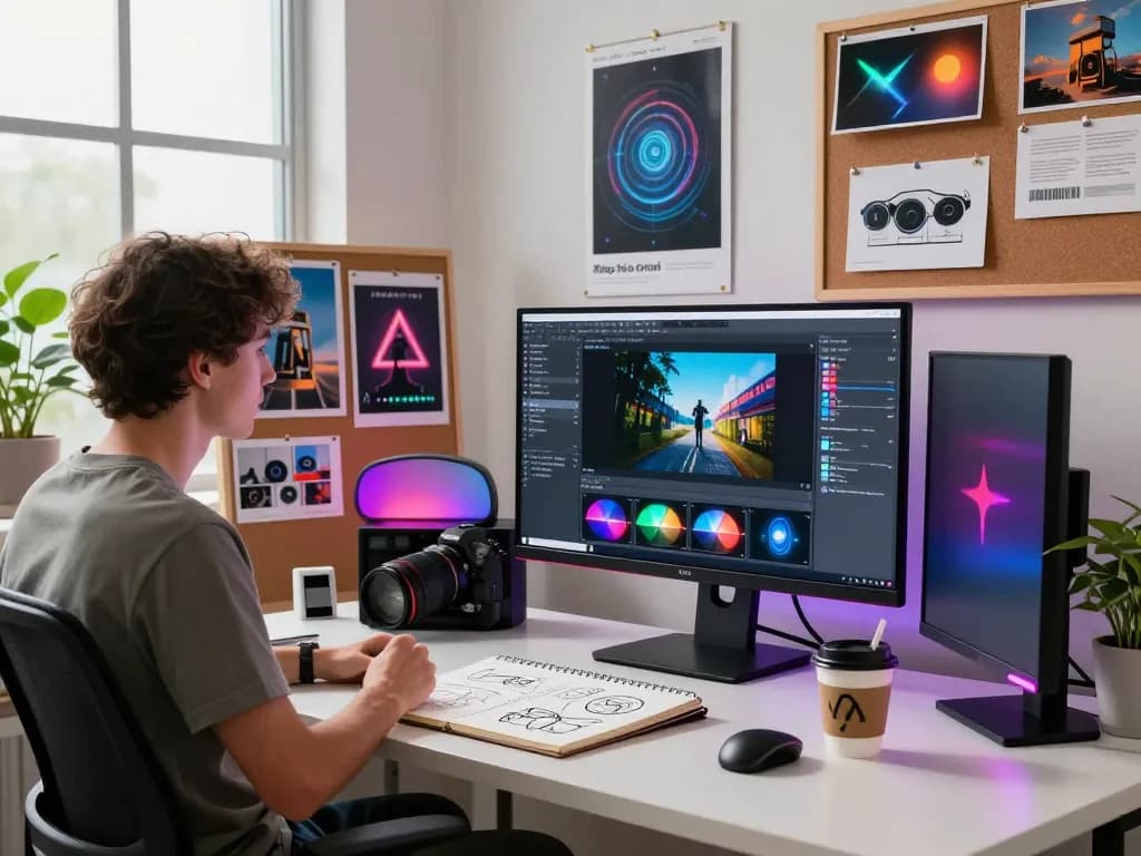 Digital artist using mind control ai technology to create motion videos in a modern studio.