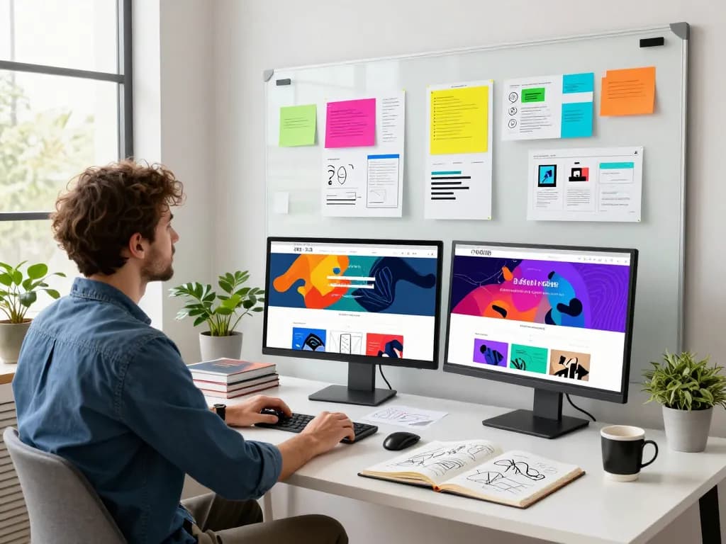 Web Design studio featuring a designer brainstorming ideas with vibrant wireframes and monitors.