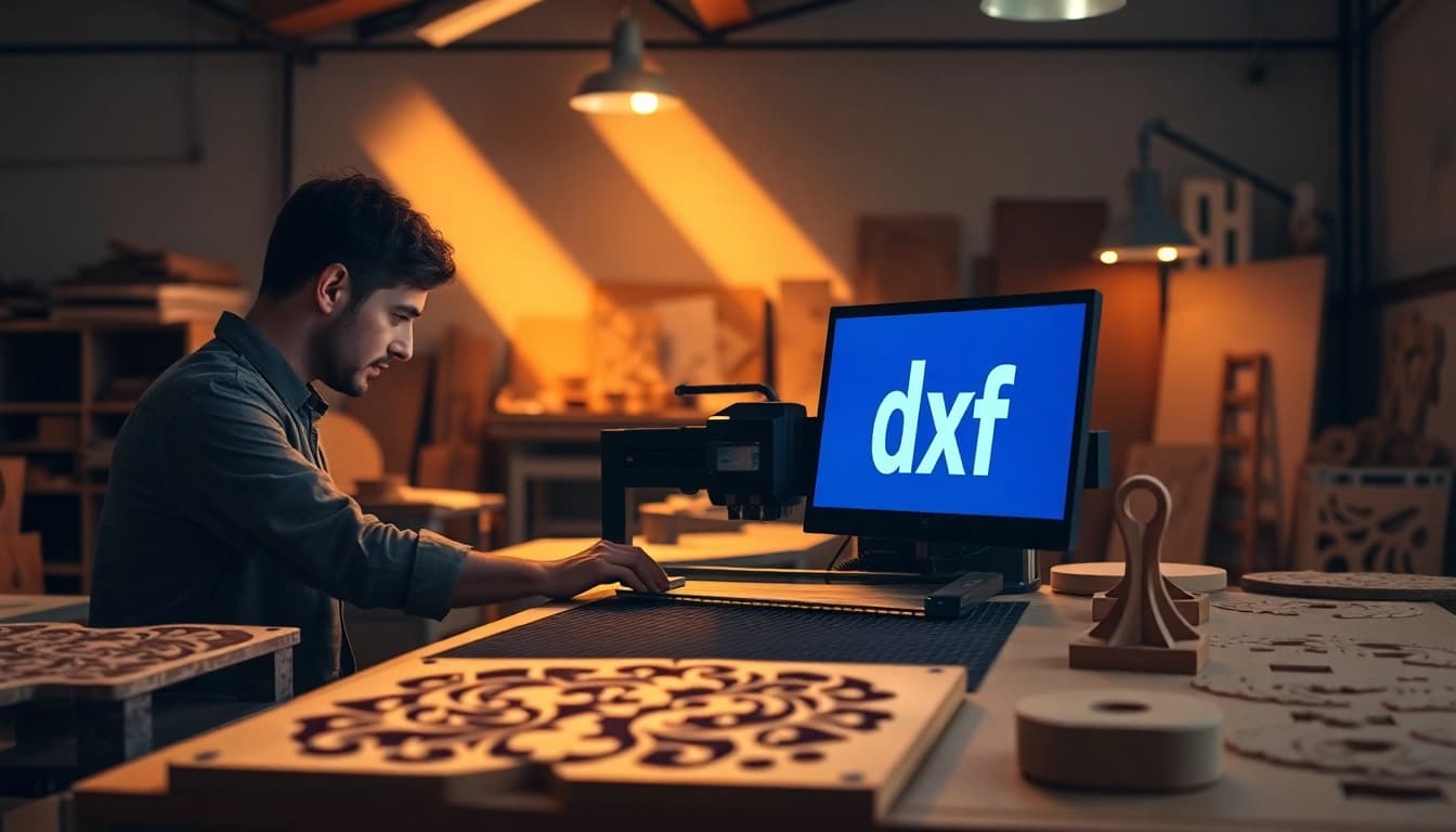 Utilize dxf file for laser cutting in a vibrant workshop showcasing skilled artisans.