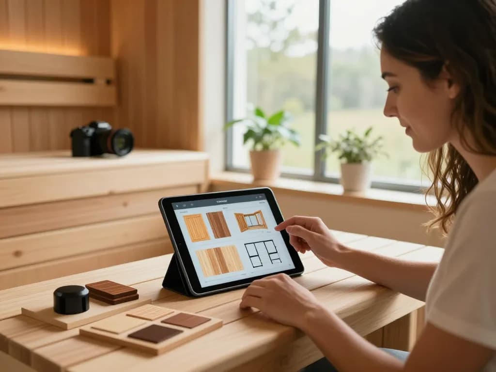 Couple engaged in sauna customization using a 3D configurator and wood samples in a cozy home.