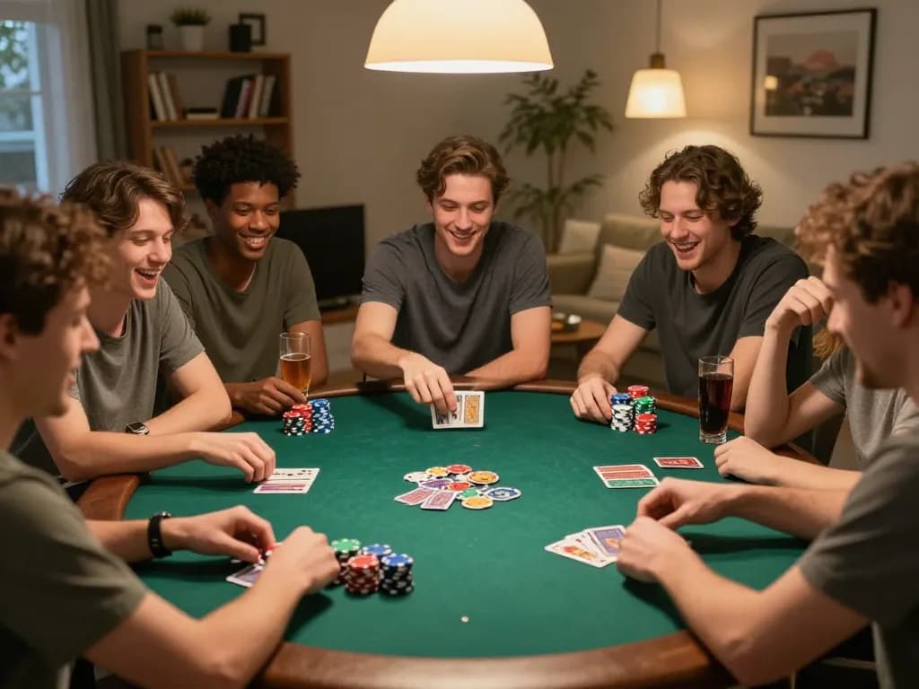 Playing poker with friends at home, highlighting sc88 gaming experience in a cozy atmosphere