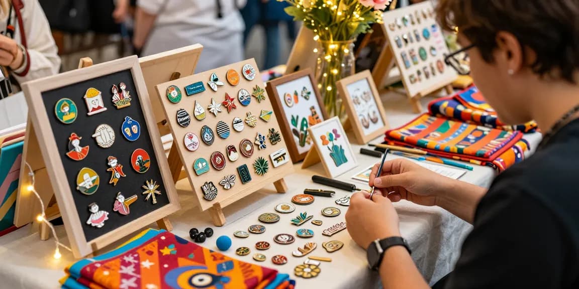 Custom enamel pins displayed at a vibrant market stall, artisan crafting unique designs amidst colorful elements.