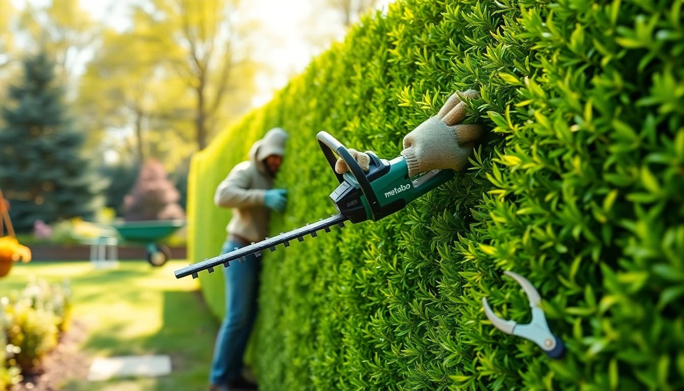 Professional gardener using a Metabo hedge trimmer to shape a lush hedge in a vibrant garden.