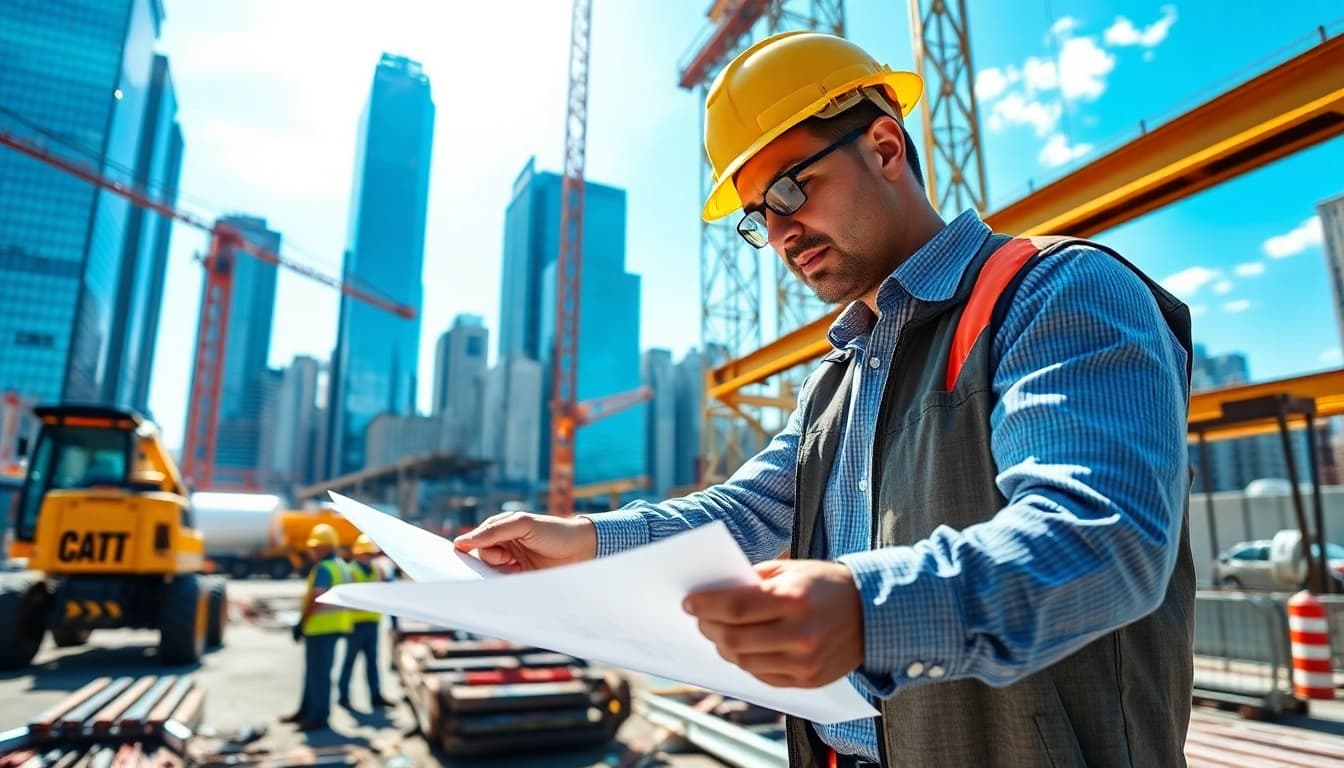 New York Construction Manager guiding a team at an active construction site.