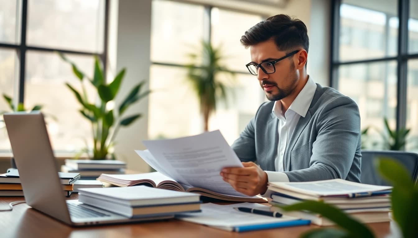 Professional consultant analyzing FCPA/DCAA/Flowdown/ITAR/EAR compliance documents in modern office.