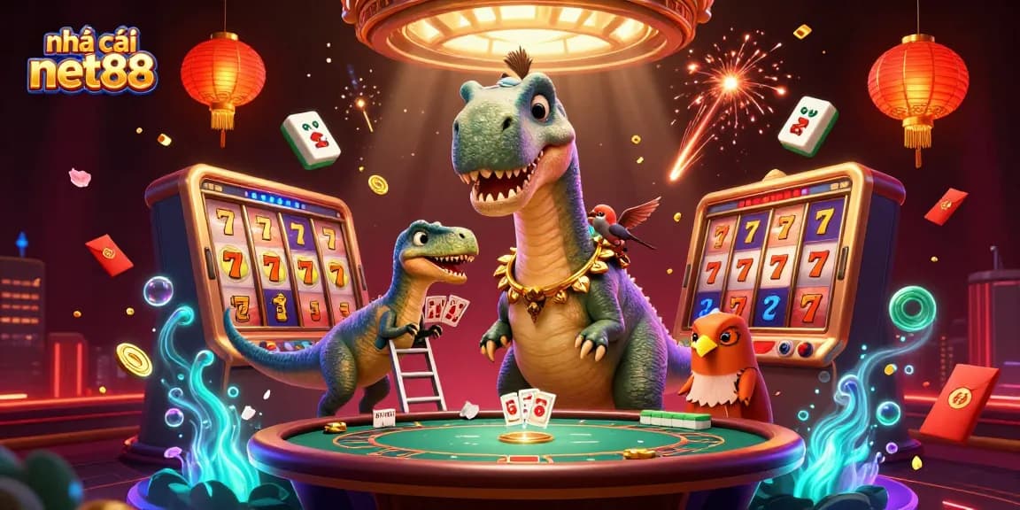 Experience the thrilling action at nhà cái net88 with a unique 3D casino scene featuring a towering brontosaurus.