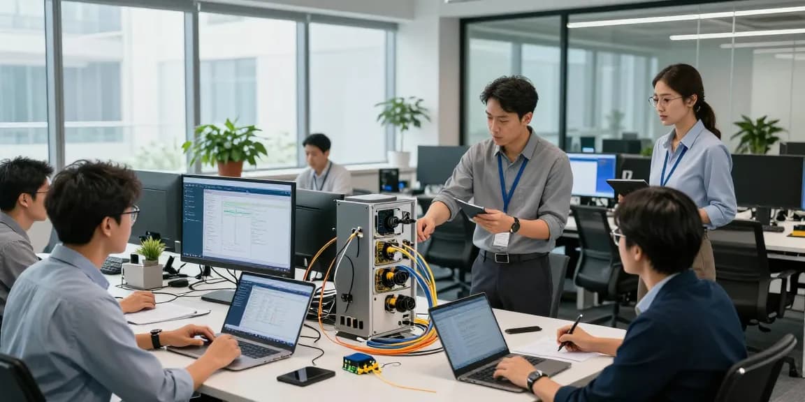 Engineers discussing precision optical cables in a modern tech workspace.