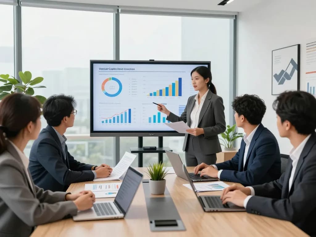 Venture capital funding analysis in a professional office with a diverse team presenting financial strategies.
