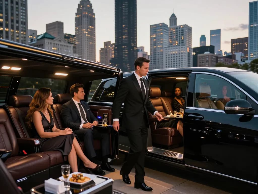 Luxury limo service Chicago with a chauffeur assisting clients in a sleek vehicle against the city skyline.