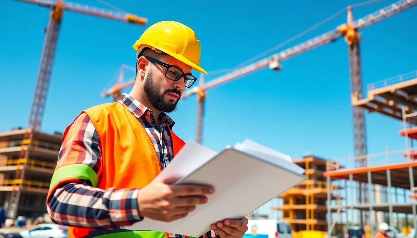 New Jersey Construction Manager analyzing project blueprints on a lively construction site.