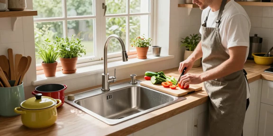 Modern kitchen sink in stainless steel with fresh ingredients on the counter