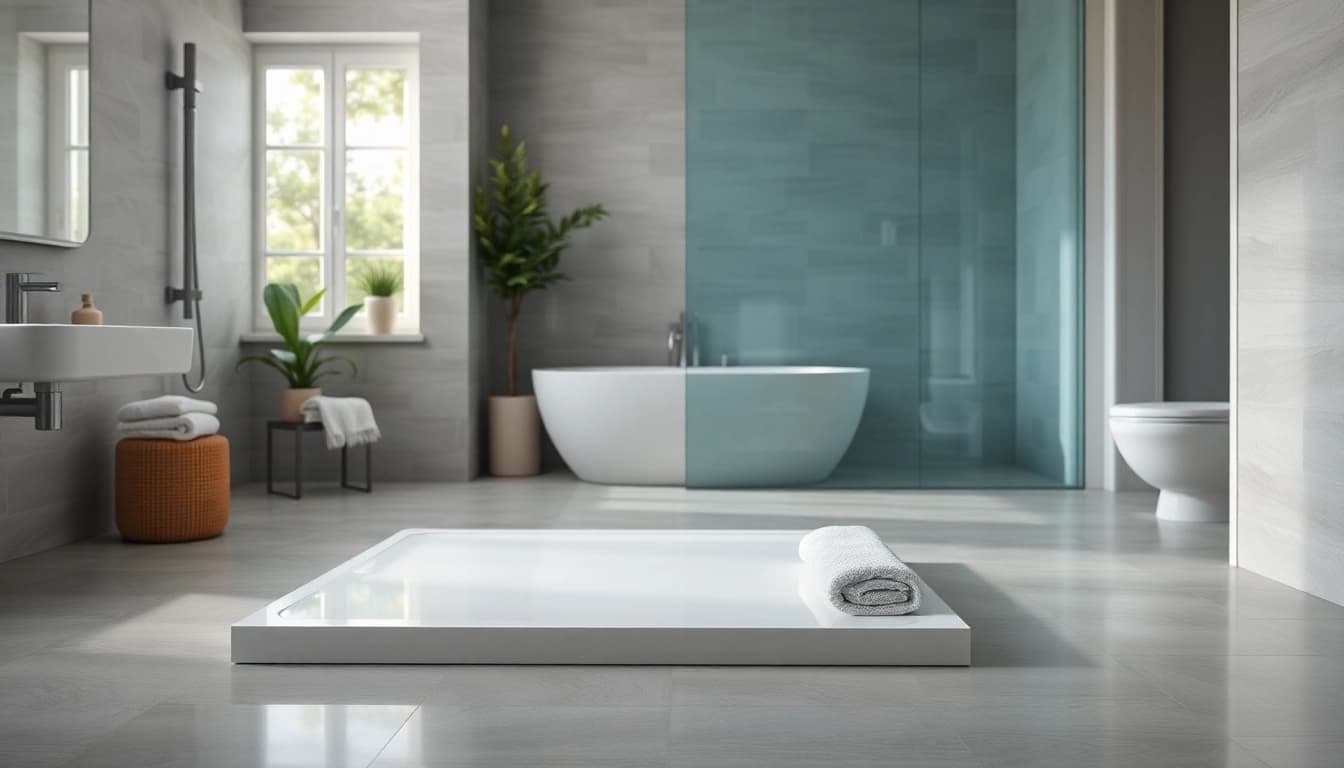 Detailed look at a sleek shower base shower in a modern bathroom setting, emphasizing elegance and design.