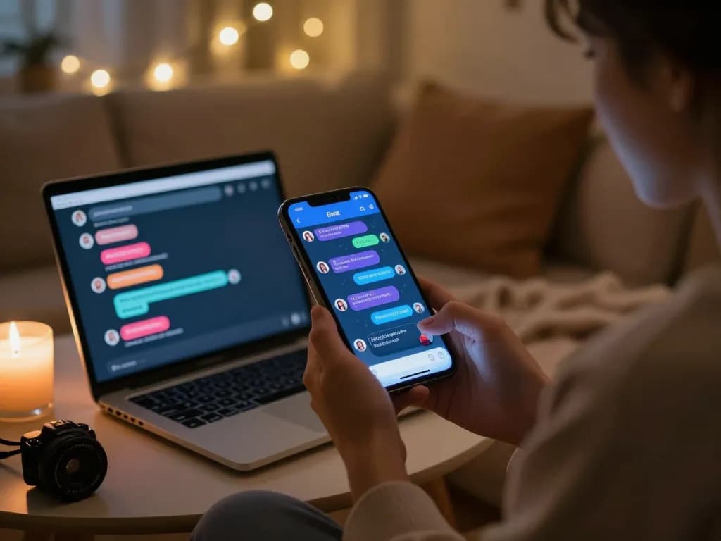 Engaging smartphone chat interface showing free ai sex chat in a cozy setting with ambient lighting.