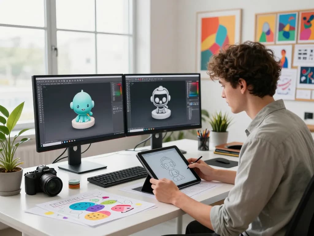 Artist generating 3D models from text in a vibrant design studio using advanced software and creative tools.