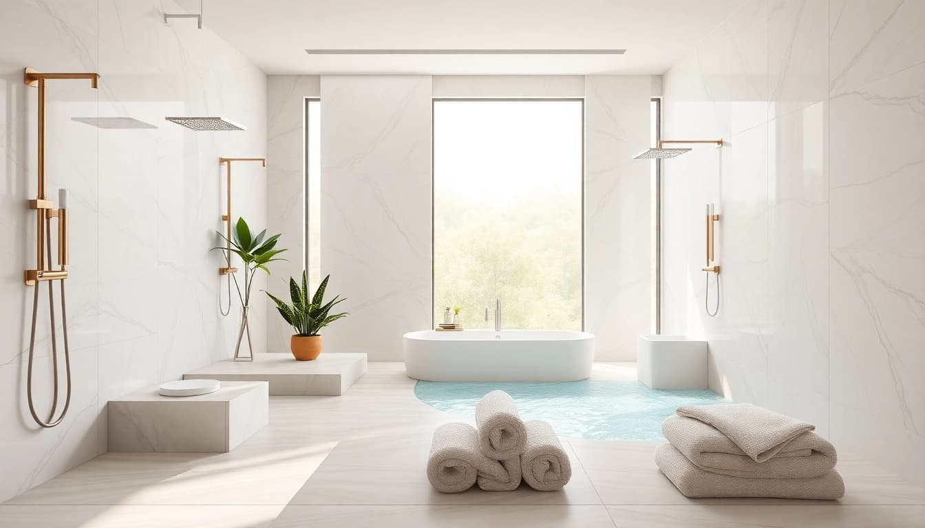 Elegant showers au featured in a luxurious modern bathroom with natural lighting.