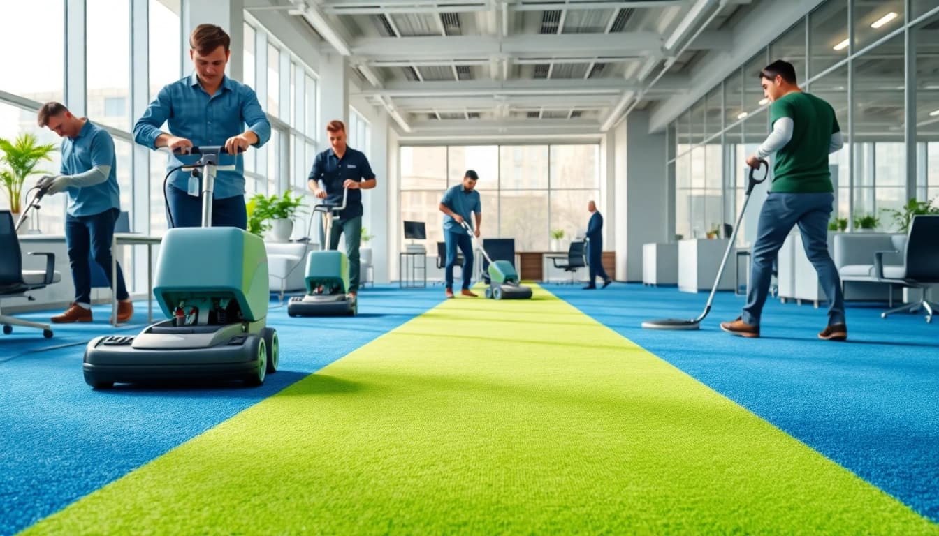 A demonstration of commercial carpet cleaners revitalizing an office environment.