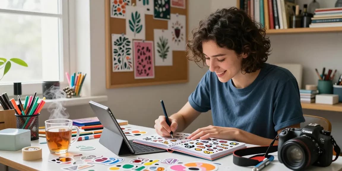 Designing a custom reusable sticker book in a vibrant and creative workspace, showcasing colorful stickers and artistic materials.