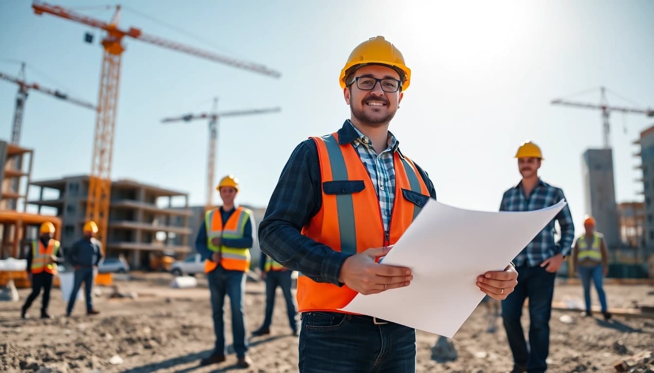 New Jersey General Contractor overseeing a construction project with blueprints at a construction site.