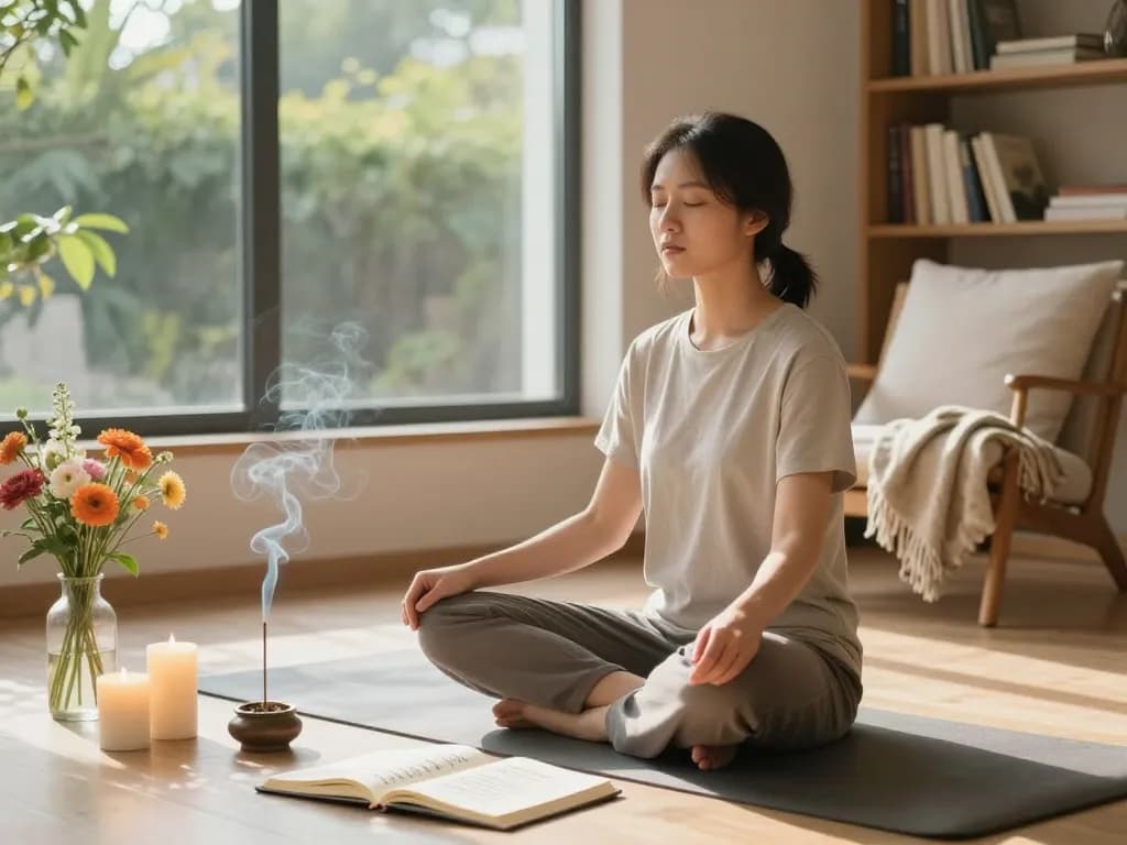 Transform negative thoughts into positive perspectives in a serene meditation space with candles and flowers.