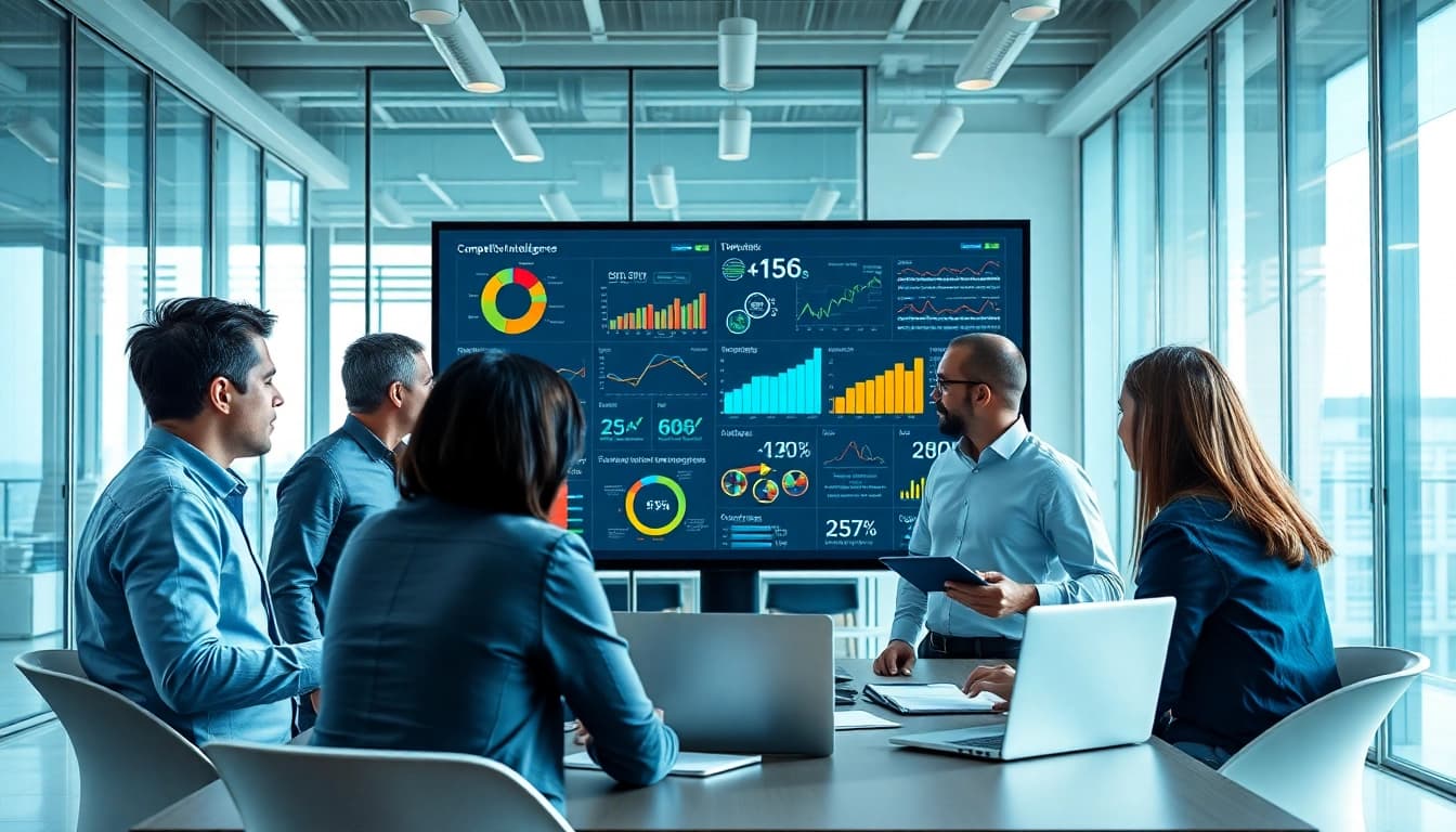 Analyze B2B competitive intelligence strategies through team collaboration in a modern office.