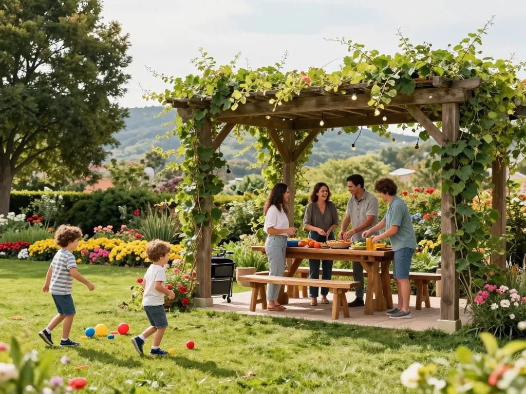 Family enjoying a sunny afternoon under a custom online pergola configurator, showcasing a vibrant garden setting.