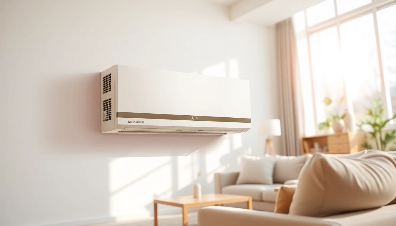 Mitsubishi mini split AC seamlessly integrated into a stylish living room, illustrating energy efficiency.