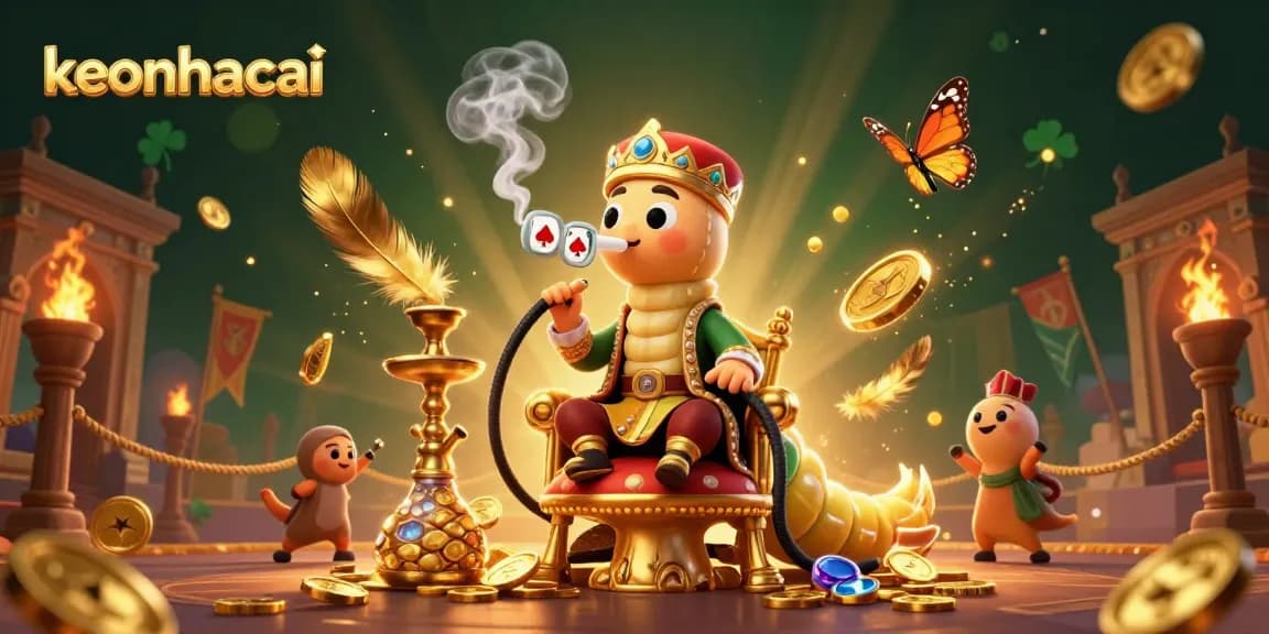 Engage with keonhacai's vibrant gambling scene depicted by a cartoon caterpillar master surrounded by casino symbols and treasures.