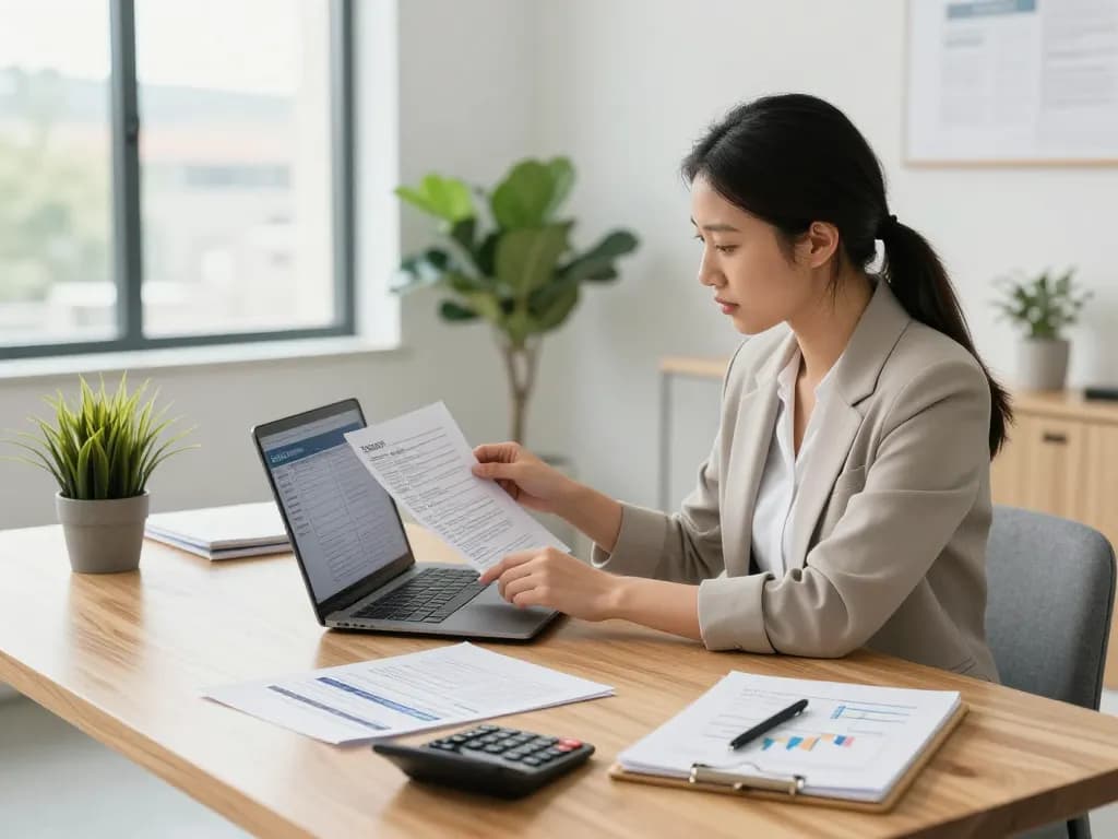 SMSF Accountant reviewing financial documents in a modern office setting with organized workspace.