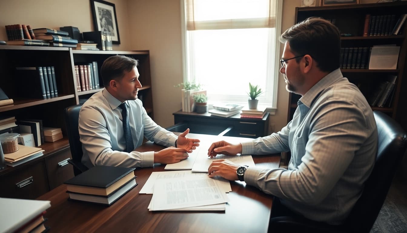 Clearwater truck accident lawyer advising a client in a cozy office setting with legal materials.