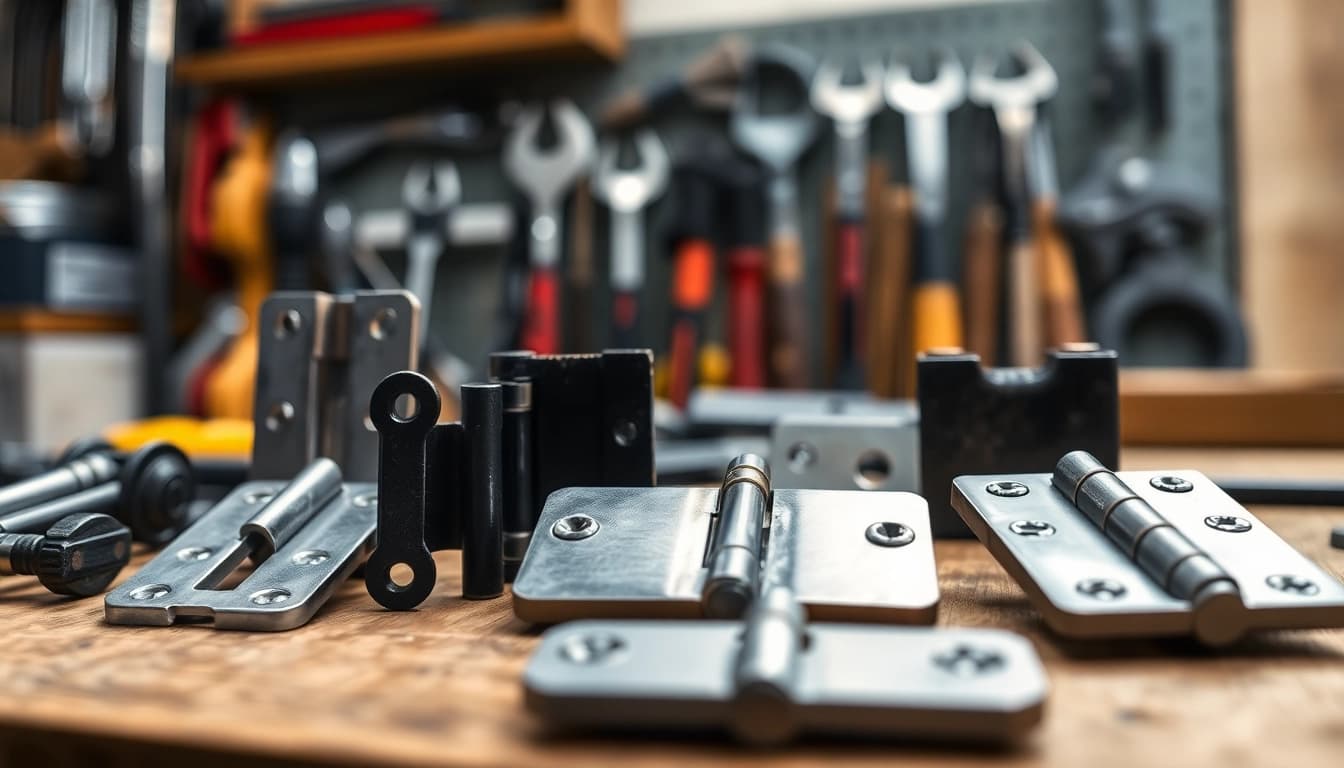 Showcasing various hinges as a Hinge Supplier in a professional workshop environment.