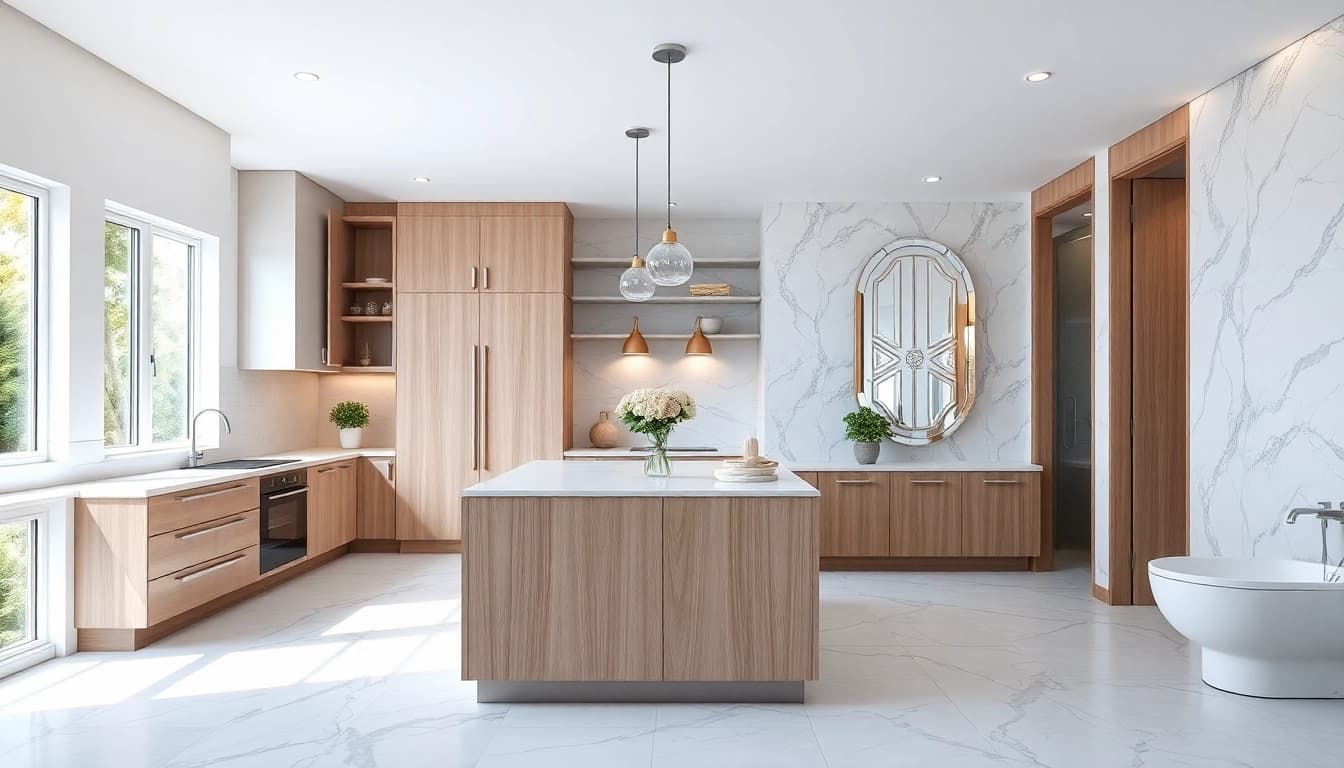 Showcase of kitchen and bathroom renovation with modern design elements, bright lighting, and stylish fixtures.