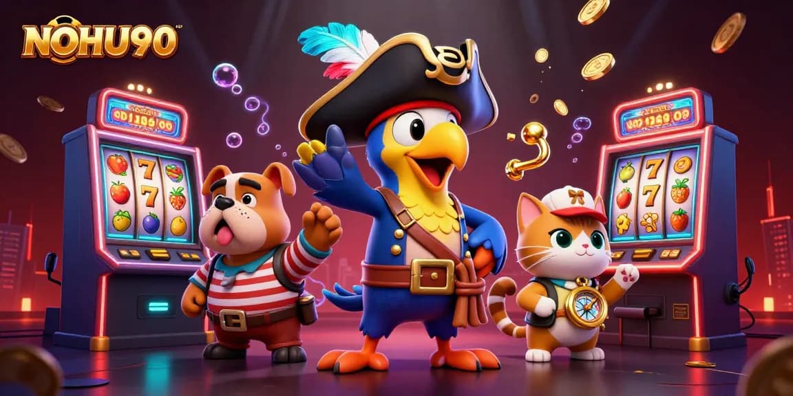 NOHU90 players spinning slot machines with animated characters and shimmering jackpot elements.