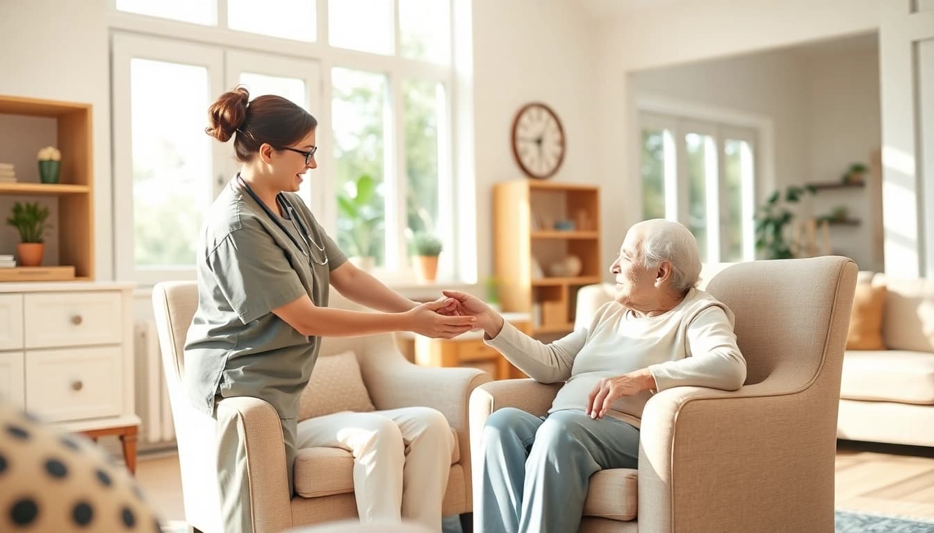 Providing at home health care services near me, a caregiver supports an elderly client in a welcoming living room.