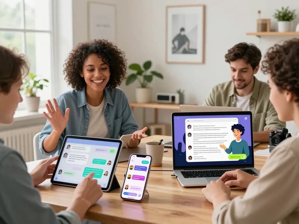 Users engaging with spicychat AI on multiple devices in a bright workspace.