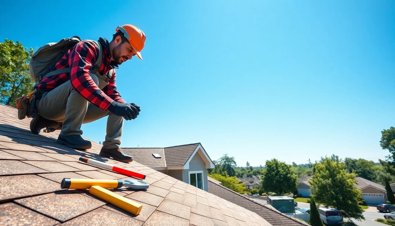 Roofing contractor repairing a residential roof with safety gear and tools visible.