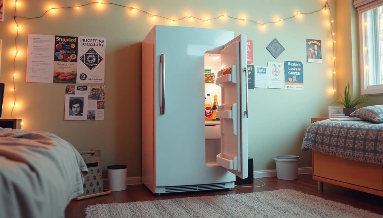 The dorm room fridge stands in a chic dorm setting, radiating warmth and style.