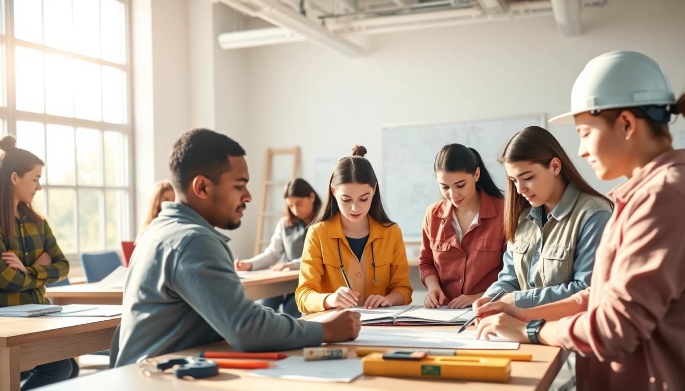 Enhance construction education with students collaborating in a bright and engaging classroom.