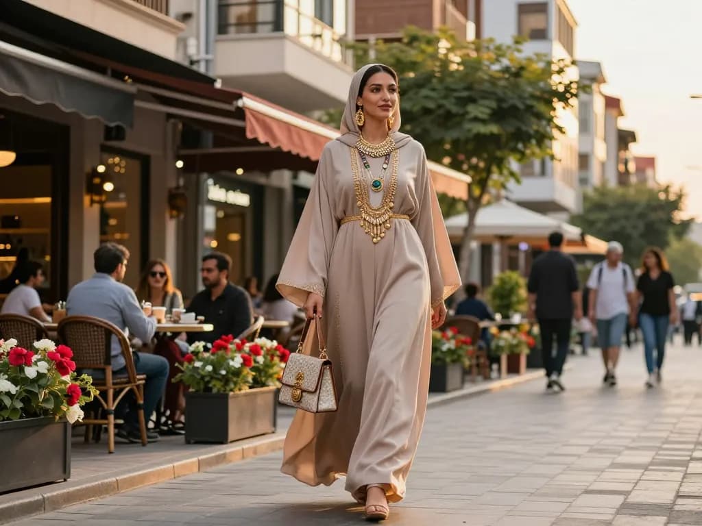 Fashionable woman in Turkish abayas walking in a vibrant city.