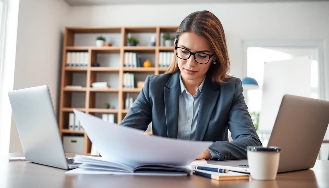 Consultant examining probate documents in a professional office setting.