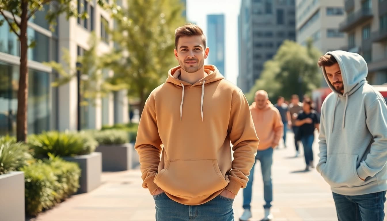 Model showcasing stylish plain hoodies in an urban environment with vibrant details.